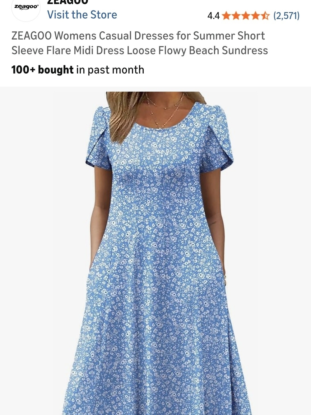 zeagoo Light Blue Floral Midi Dress with Short Flutter Sleeves